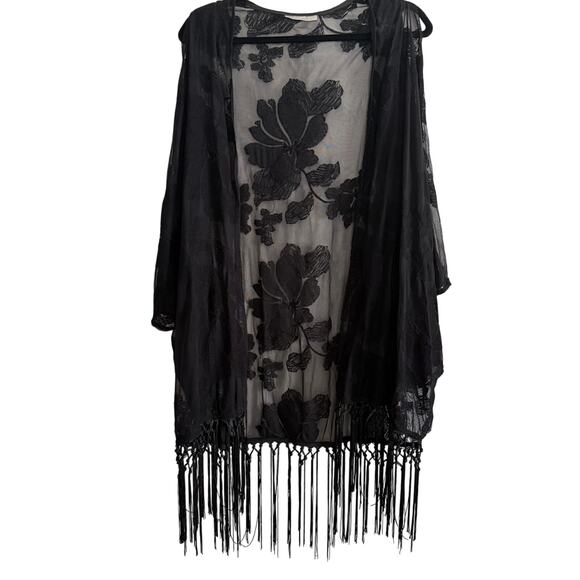 LA BLANCA Black Sheer embroidered Fringe Trim Split Sleeve Kimono Swim Cover up - Picture 1 of 6